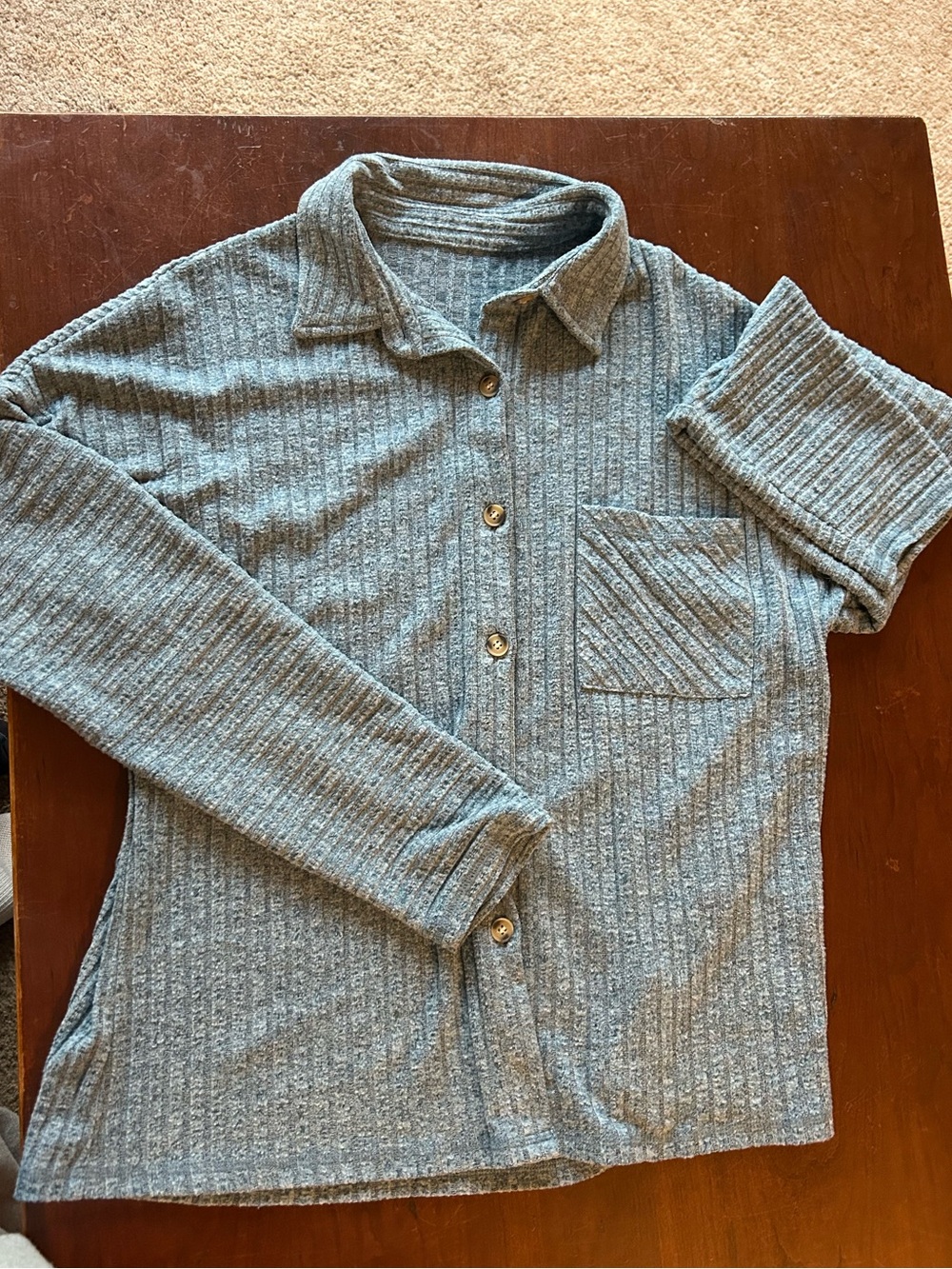 Women's Long-Sleeve Ribbed Button-Up Shirt - dusty blue